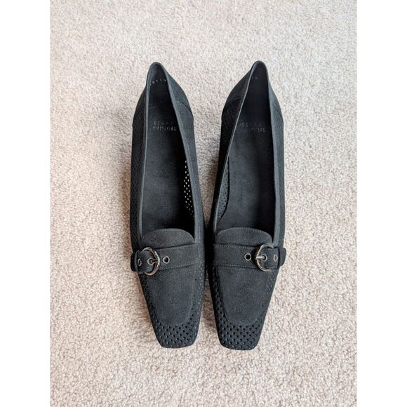 Stuart Weitzman Fairfield Black Perforated Suede Heels 8 Pewter Hardware - Picture 1 of 5